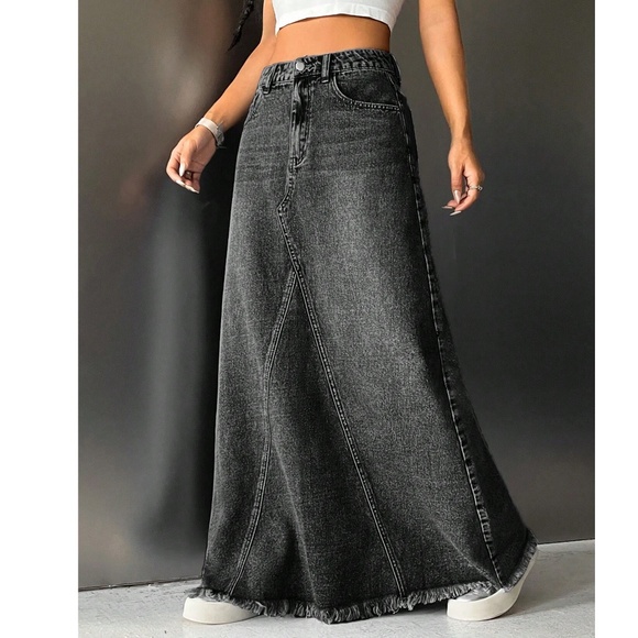 Boho Raw hem Jean Denim Pockets Maxi Skirt - Picture 1 of 4